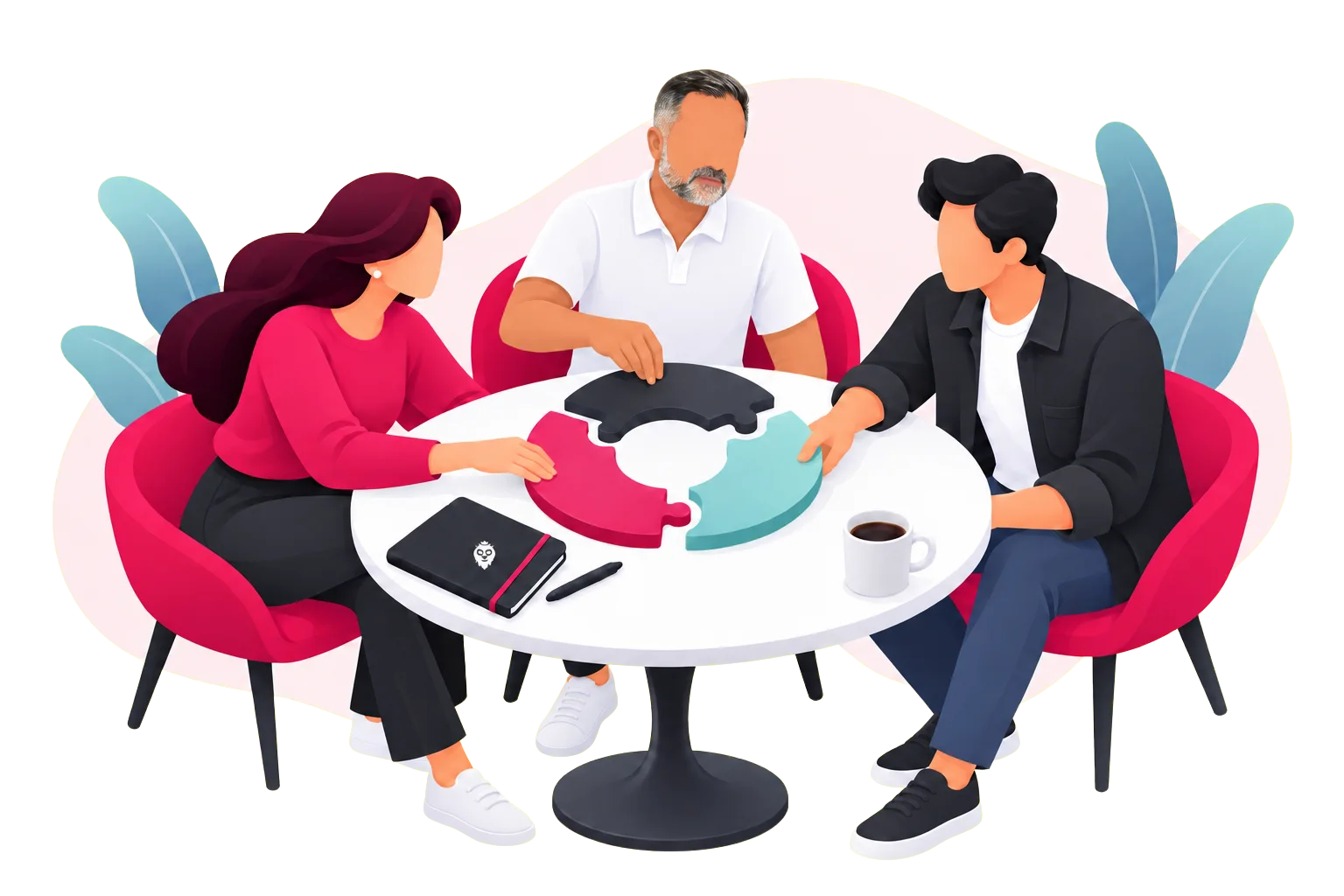 Thomas en twee specialisten leggen samen de onderdelen van één groeiplan.